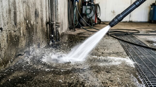 High pressure water jet cleaning a dirty concrete floor in a workshop