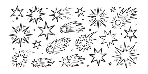 Collection of hand drawn stars and comets on transparent background for design graphic elements rating award. © Abu