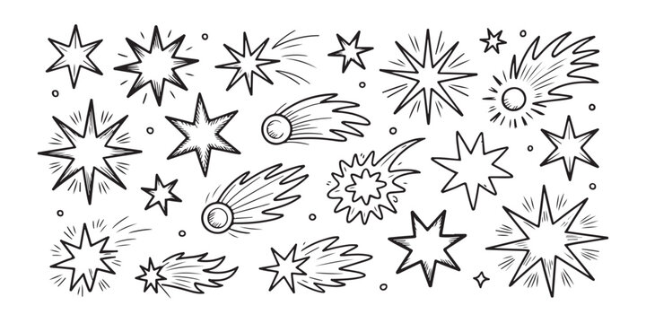 Collection of hand drawn stars and comets on transparent background for design graphic elements rating award.