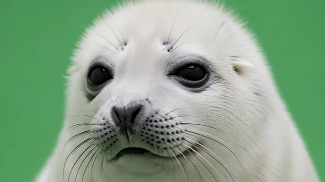 Close up portrait of an adorable white harp seal pup with large dark eyes