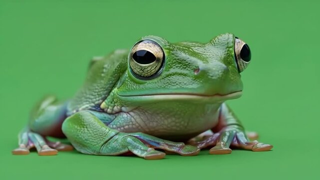 A detailed close up portrait of a vibrant green frog against plain background