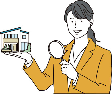 不動産業の女性の虫眼鏡で家の査定をするイメージイラスト