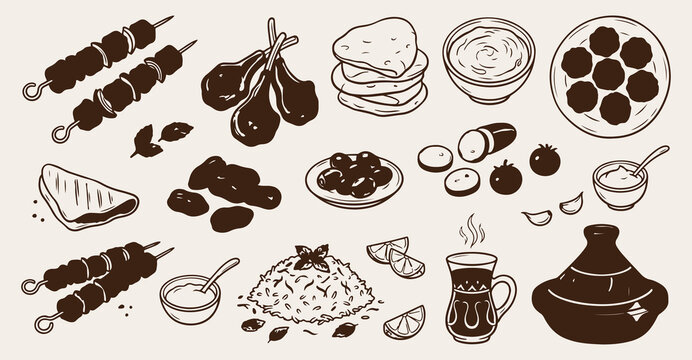Arabic food seamless pattern, Middle Eastern cuisine wallpaper, hand drawn traditional dishes backdrop, grilled chicken and rice sketch, flatbread and dip line drawing, oriental restaurant menu vector