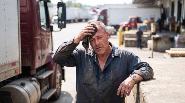 Tired Driver Wiping Sweat Leaning on Semi Truck at Loading Dock