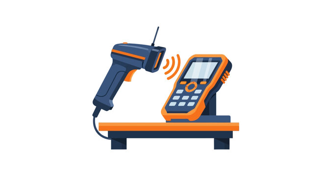 Handheld Barcode Scanner and Rugged PDA Mobile Terminal Illustration for Logistics, Warehouse Inventory Management, and Retail Data Collection