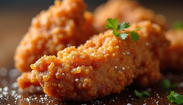 Crispy fried chicken tenders with parsley garnish. Golden breaded poultry bites served hot and juicy for fast food menus.