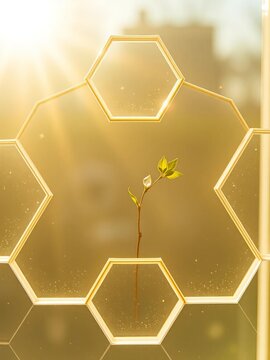 Sun-drenched hexagons frame a dew-kissed sprig, a minimalist ode to spring's renewal ,  clean,  artistic