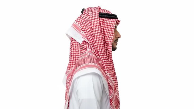 Profile view of an arab man wearing a traditional red and white shemagh scarf