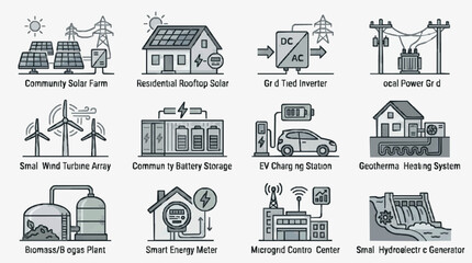 Fototapeta premium Dynamic Illustrated Guide to Modern Community Microgrid Energy Solutions and Renewable Systems with high quality professional line art symbols for modern creative design and digital branding projects