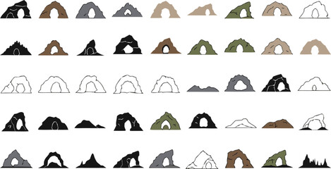 Cave Mountain Icon Set with Rocky Arch and Stone Formation Shapes Vector Collection © MdMojammel