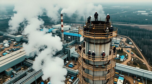 Industrial workers perform maintenance on high chimney stack at power plant site. Builders wear safety hard hats, harnesses for tall construction repair work. Men stand on exterior scaffold platform