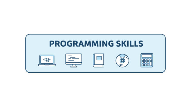 Programming skills banner featuring educational icons such as a laptop, monitor, book, compact disc, and calculator.