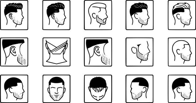 Barber Shop Haircuts, Beards, and Male Grooming Line Art Glyph Icons Set. Black and White Hairdressing and Personal Care Styles Collection.