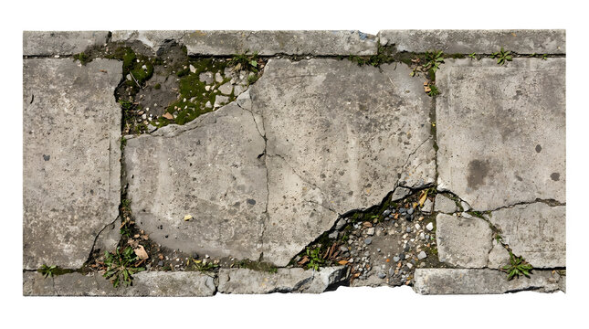 Weathered concrete sidewalk texture with cracks and green moss, aged stone pavement tiles, damaged urban cement walkway surface