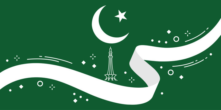 A green and white illustration representing the Pakistani flag with a crescent moon and star