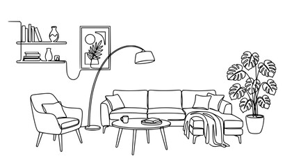 Minimalist continuous one line living room interior with stylish furniture vector illustration © MstSonju