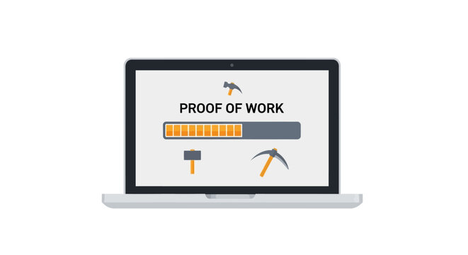 Blockchain Proof of Work Concept Illustration Showing Cryptocurrency Mining Process on Laptop Screen