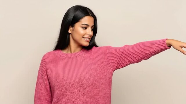 A smiling young woman wearing a pink sweater looking down at her sleeve