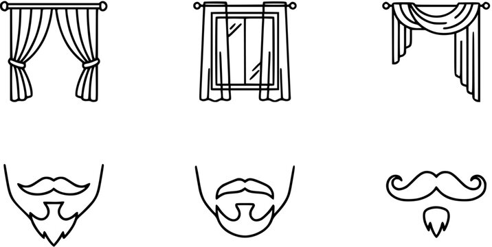 Black and White Line Art Icons of Curtains and Beards for Interior Design and Grooming