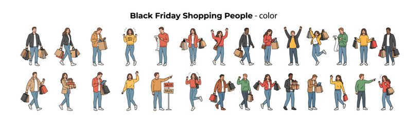 Fototapeta premium Black Friday Shopping People Color Illustration – Excited Shoppers with Sale Bags