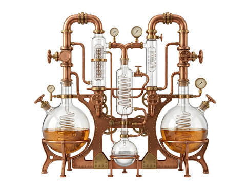 Steampunk alchemy lab apparatus isolated on transparent background