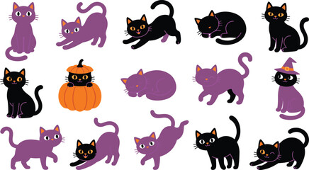 Fototapeta premium Happy Holloween Set of cute black and purple cats for halloween celebration featuring various poses and a pumpkin decoration in a fun cartoon style Vector