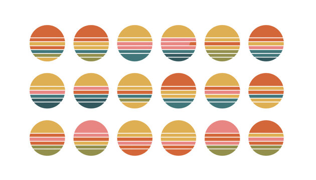 Set of eighteen minimalist retro striped sunset circles in warm orange, yellow, pink, and teal color tones.