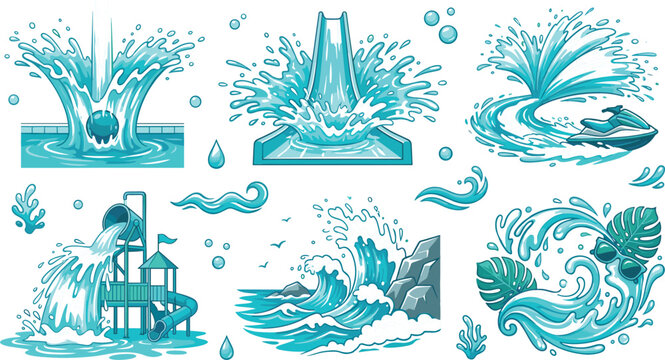 Water Splash and Aquatic Recreation Illustration Collection Featuring Fountain Waves Water Park Ocean Surf and Tropical Liquid Vector Set