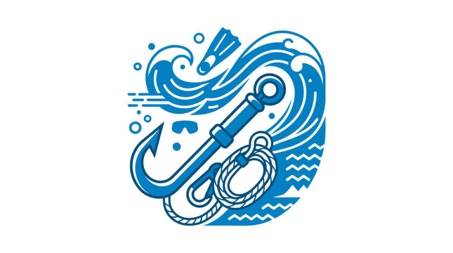Blue nautical hook with rope and ocean waves illustration.