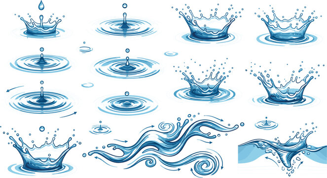 Water Splash and Ripple Effect Collection Featuring Liquid Crowns Flowing Waves Droplets Surface Ripples and Dynamic Aqua Vector Set