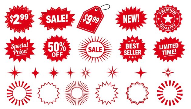 Set of red starburst. Price sticker, sale sticker, price tag, starburst, quality mark, retro stars, sale or discount sticker, sunburst badges, sun ray frames, promotional badge set, shopping labels.lu