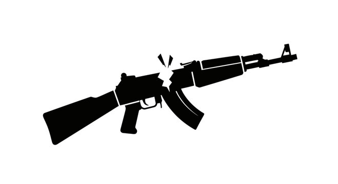 Black silhouette of a broken AK47 assault rifle isolated on white background.
