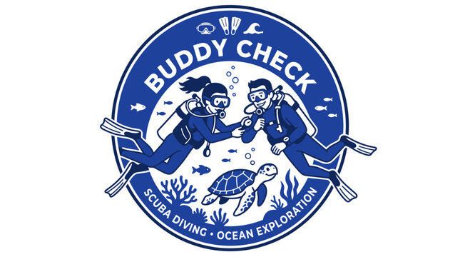 Buddy Check scuba diving emblem with divers and turtle.