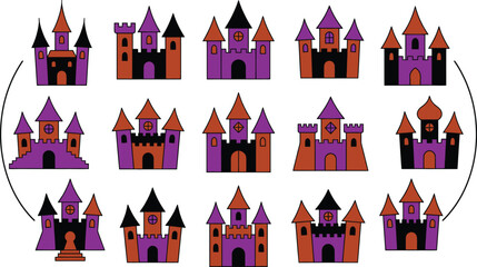 Happy Holloween Set of colorful cartoon fairy tale castle icons for fantasy games and stories Vector © VectorPro