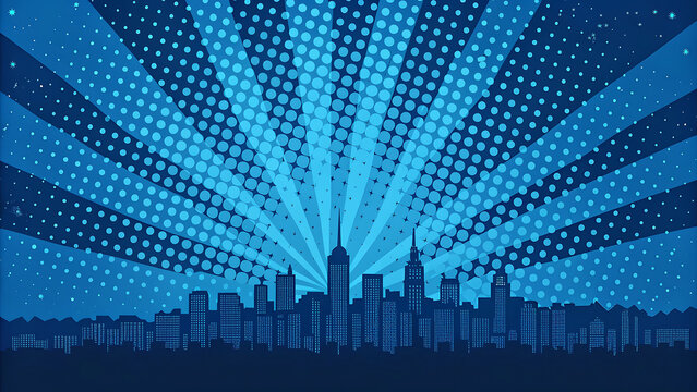 City skyline silhouette on blue halftone sunburst background