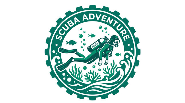 Circular scuba adventure logo with diver and coral reef.