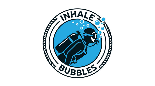 Circular scuba diving emblem with diver and bubbles text.
