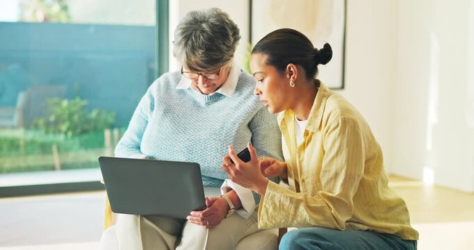 Debit card, old woman or daughter in house with laptop, checkout help or eft transaction in senior care. Support, elderly person or family with tech, online payment or cashless order in retirement.