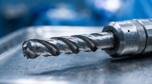 Closeup of a metal drill bit on a metallic surface showcasing its sharp flutes and industrial texture.