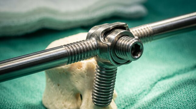 Closeup of a spinal fixation system a medical implant used in orthopedic surgery.
