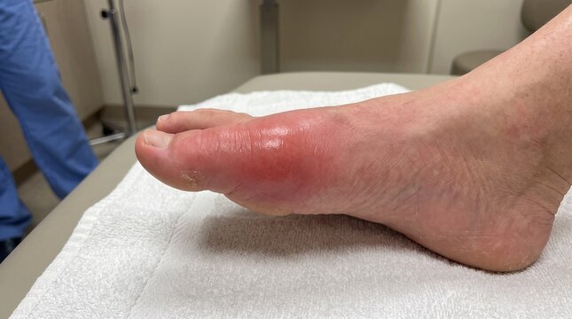 Closeup of a swollen red foot with a prominent blister on the big toe indicating a medical condition.