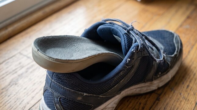 Closeup of a worn blue running shoe with an orthotic insole partially removed resting on a wooden floor.
