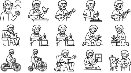 Fototapeta premium Black and White Line Art Illustration of a Man Enjoying Various Hobbies