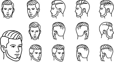 Fototapeta premium Men's Hairstyles and Beards Line Art Icons Collection. Outline Vector Illustrations of Male Haircuts and Grooming Styles for Barbershop and Fashion Design.
