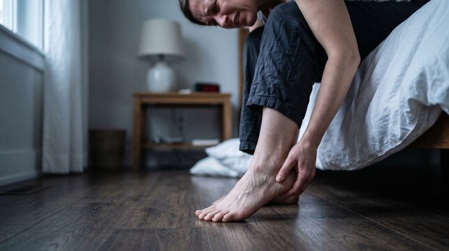 Woman experiencing foot pain after waking up sitting on the edge of her bed in a bedroom.