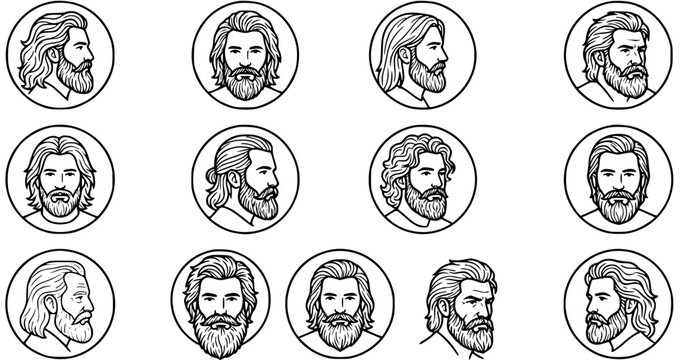 Diverse Men's Beards and Hairstyles Line Art Icons Set. Black and White Outline Male Faces Avatars for Lifestyle, Grooming, and Fashion Concepts.