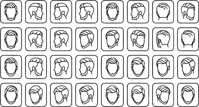 Barbershop Male Hairstyles and Beard Styles Line Art Icons Set. Glyph Vector Collection of Men's Haircuts and Facial Hair for Beauty, Fashion, and Grooming.