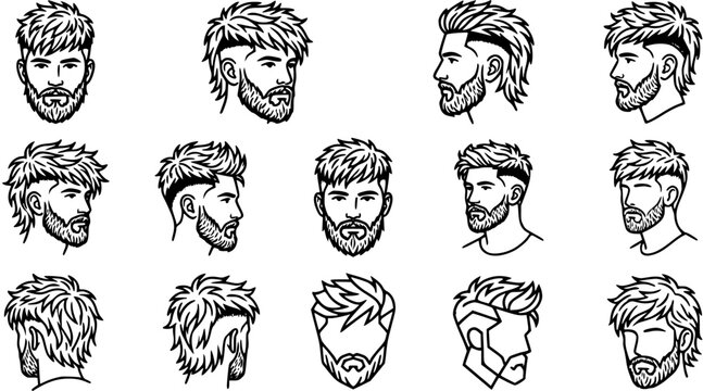 Men's Modern Hairstyles  Beards Vector Line Art Icons. Barbershop Grooming Collection Featuring Male Haircuts, Fades, Mullets  Trendy Styles.