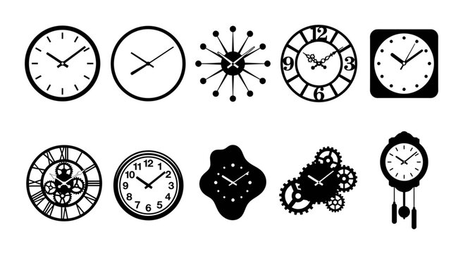 Set of Ten Black Silhouette Wall Clock Icons Featuring Various Decorative Retro and Modern Timepiece Designs
