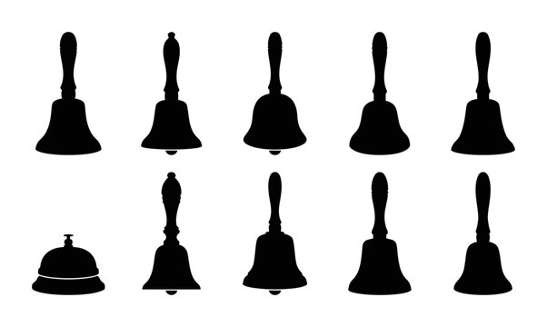Hand Bell Silhouette Icon Collection Set Featuring Various Call Bells and Desk Service Bells